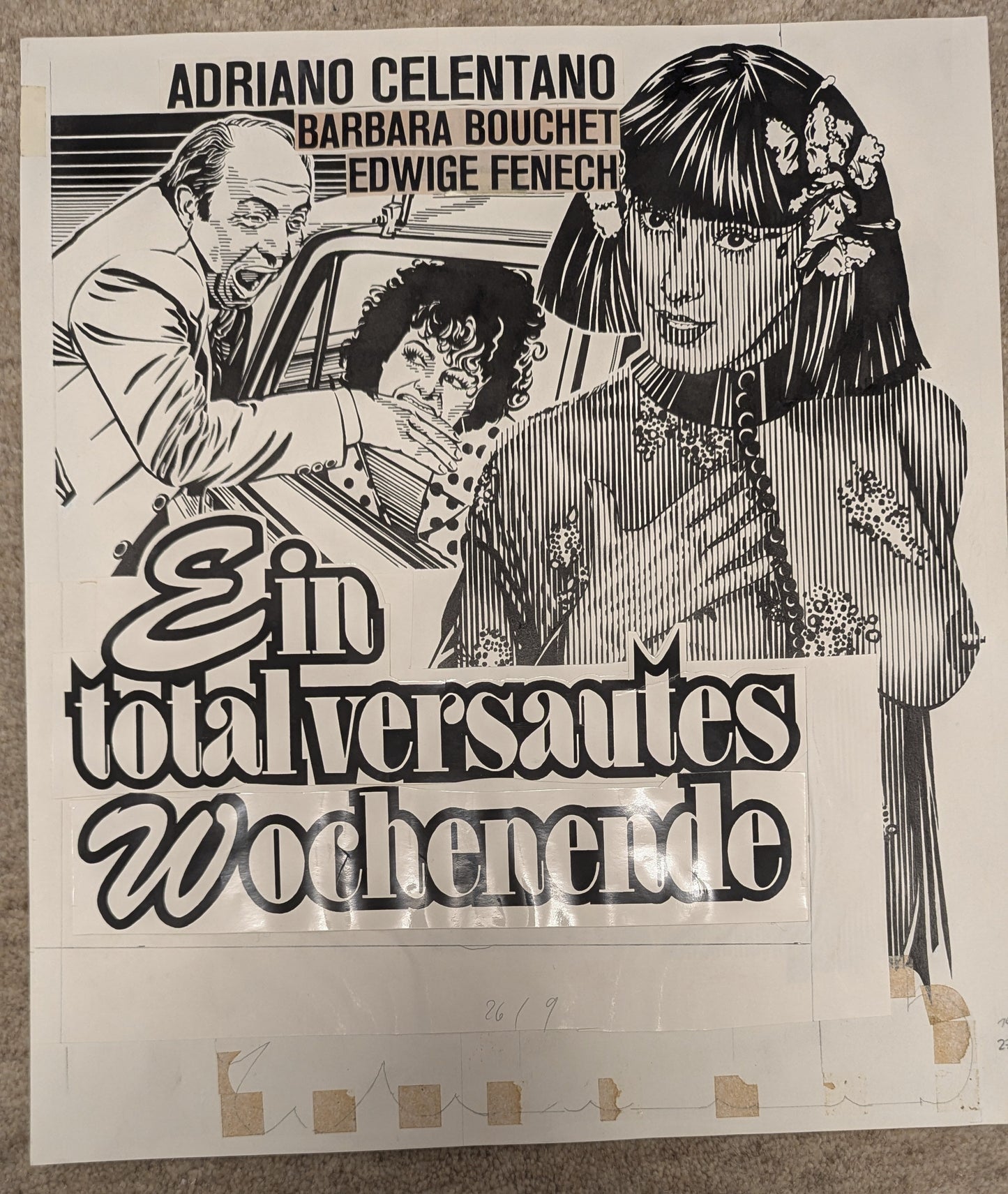 Ein total versautes Wochenende - handgezeichnete Inseratmater EINZELSTÜCK Adriano Celentano Edwige Fenech