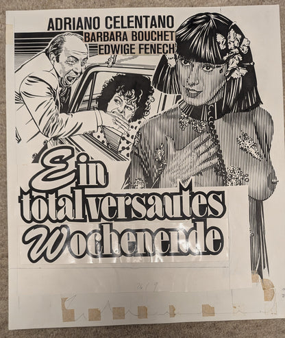 Ein total versautes Wochenende - handgezeichnete Inseratmater EINZELSTÜCK Adriano Celentano Edwige Fenech