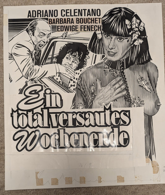 Ein total versautes Wochenende - handgezeichnete Inseratmater EINZELSTÜCK Adriano Celentano Edwige Fenech