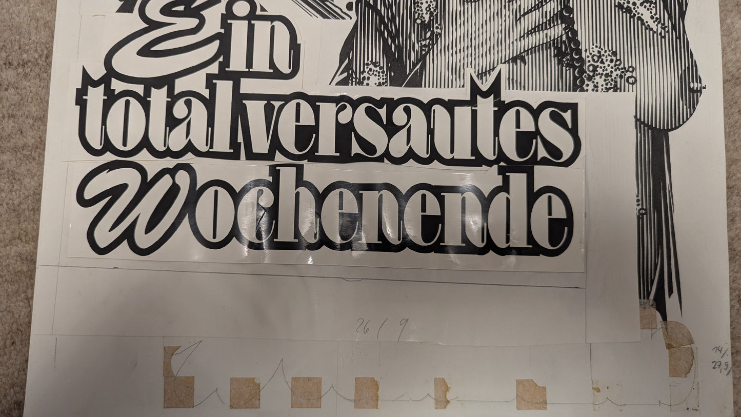 Ein total versautes Wochenende - handgezeichnete Inseratmater EINZELSTÜCK Adriano Celentano Edwige Fenech