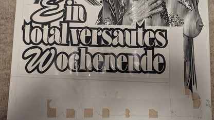 Ein total versautes Wochenende - handgezeichnete Inseratmater EINZELSTÜCK Adriano Celentano Edwige Fenech