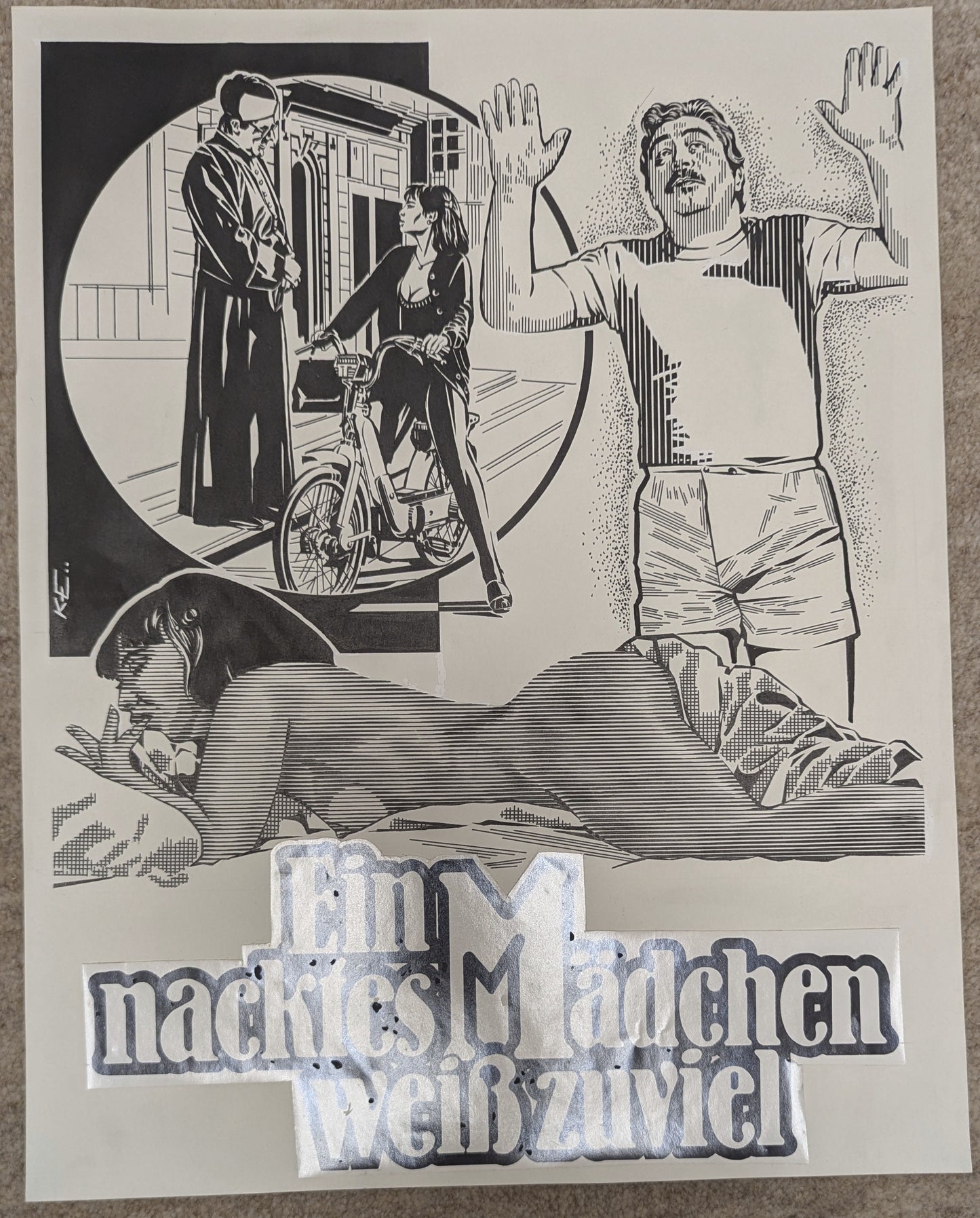 Ein nacktes Mädchen weiß zuviel - handgezeichnete Inseratmater EINZELSTÜCK