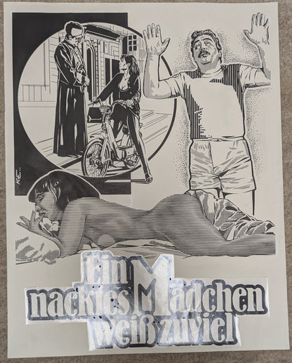 Ein nacktes Mädchen weiß zuviel - handgezeichnete Inseratmater EINZELSTÜCK
