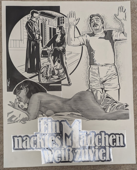 Ein nacktes Mädchen weiß zuviel - handgezeichnete Inseratmater EINZELSTÜCK