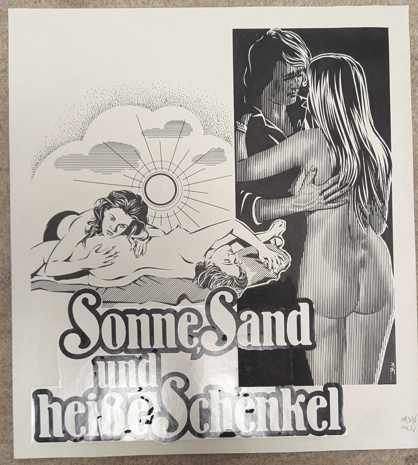 Sonne, Sand und heiße Schenkel - handgezeichnete Inseratmater EINZELSTÜCK Gloria Guida