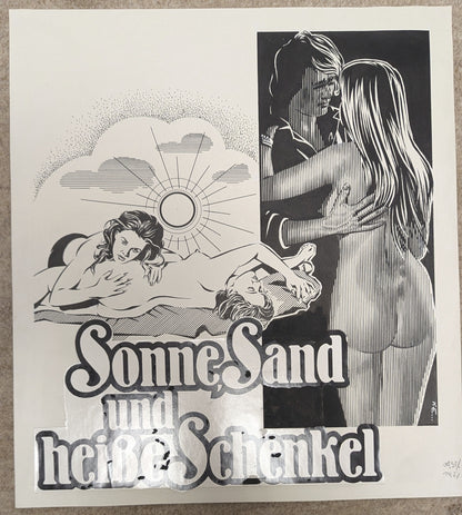 Sonne, Sand und heiße Schenkel - handgezeichnete Inseratmater EINZELSTÜCK Gloria Guida
