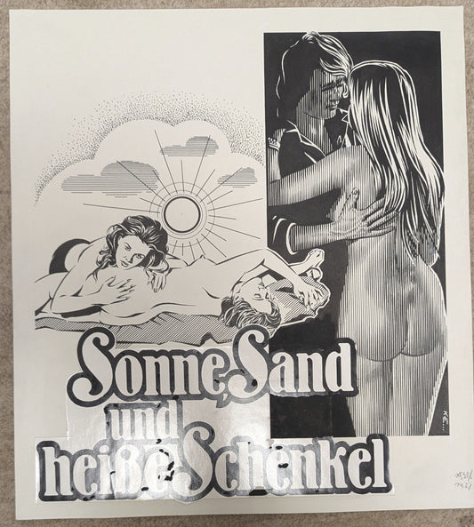 Sonne, Sand und heiße Schenkel - handgezeichnete Inseratmater EINZELSTÜCK Gloria Guida