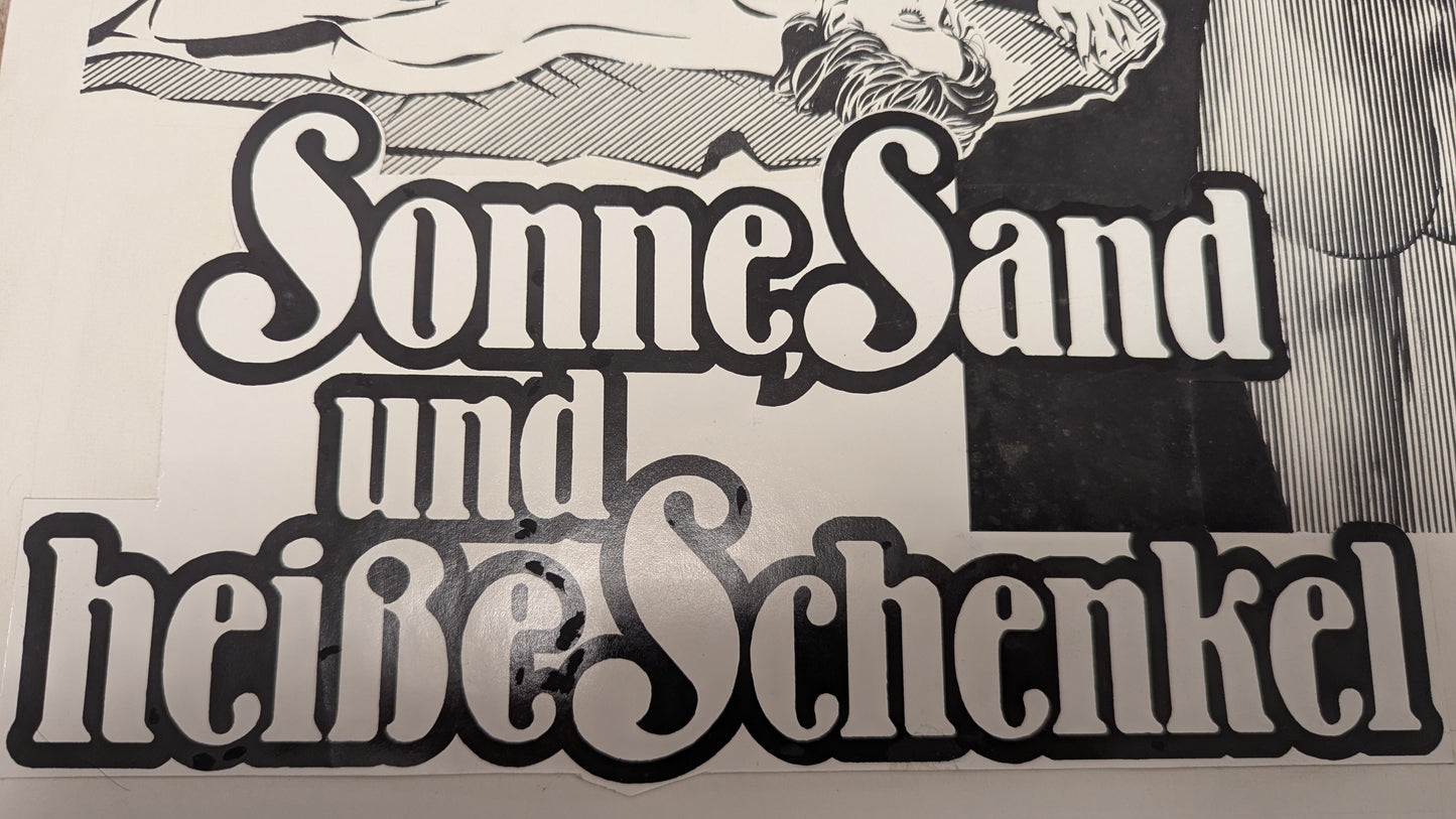 Sonne, Sand und heiße Schenkel - handgezeichnete Inseratmater EINZELSTÜCK Gloria Guida