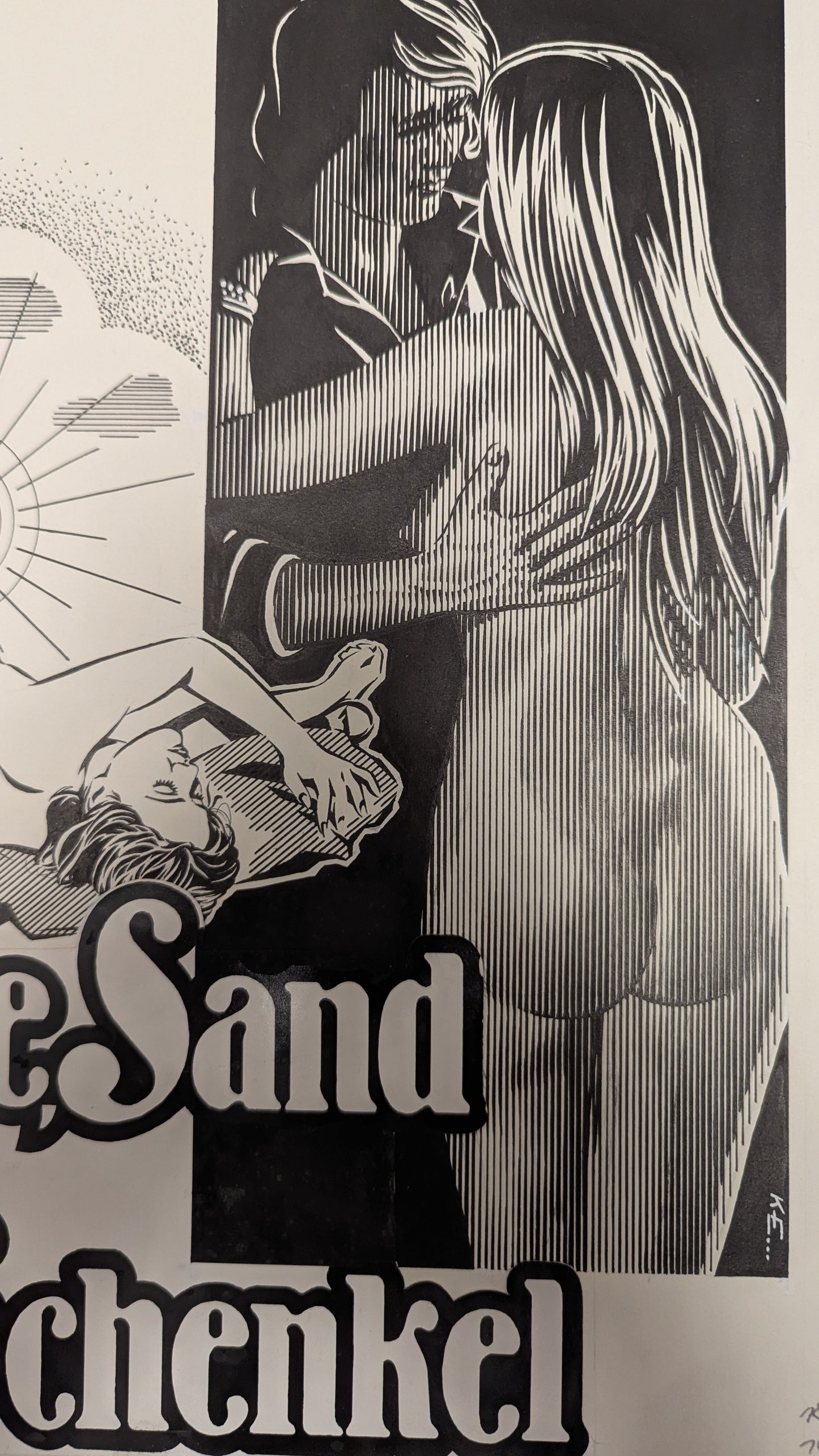 Sonne, Sand und heiße Schenkel - handgezeichnete Inseratmater EINZELSTÜCK Gloria Guida