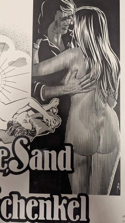 Sonne, Sand und heiße Schenkel - handgezeichnete Inseratmater EINZELSTÜCK Gloria Guida